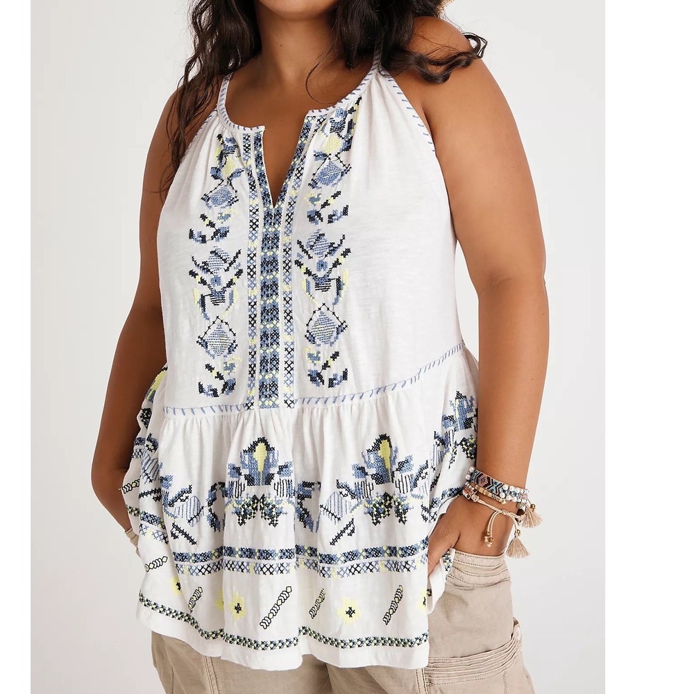 Maeve Anthropologie Embroidered Peplum Tunic Top White Purple Neon 1X Plus NWT